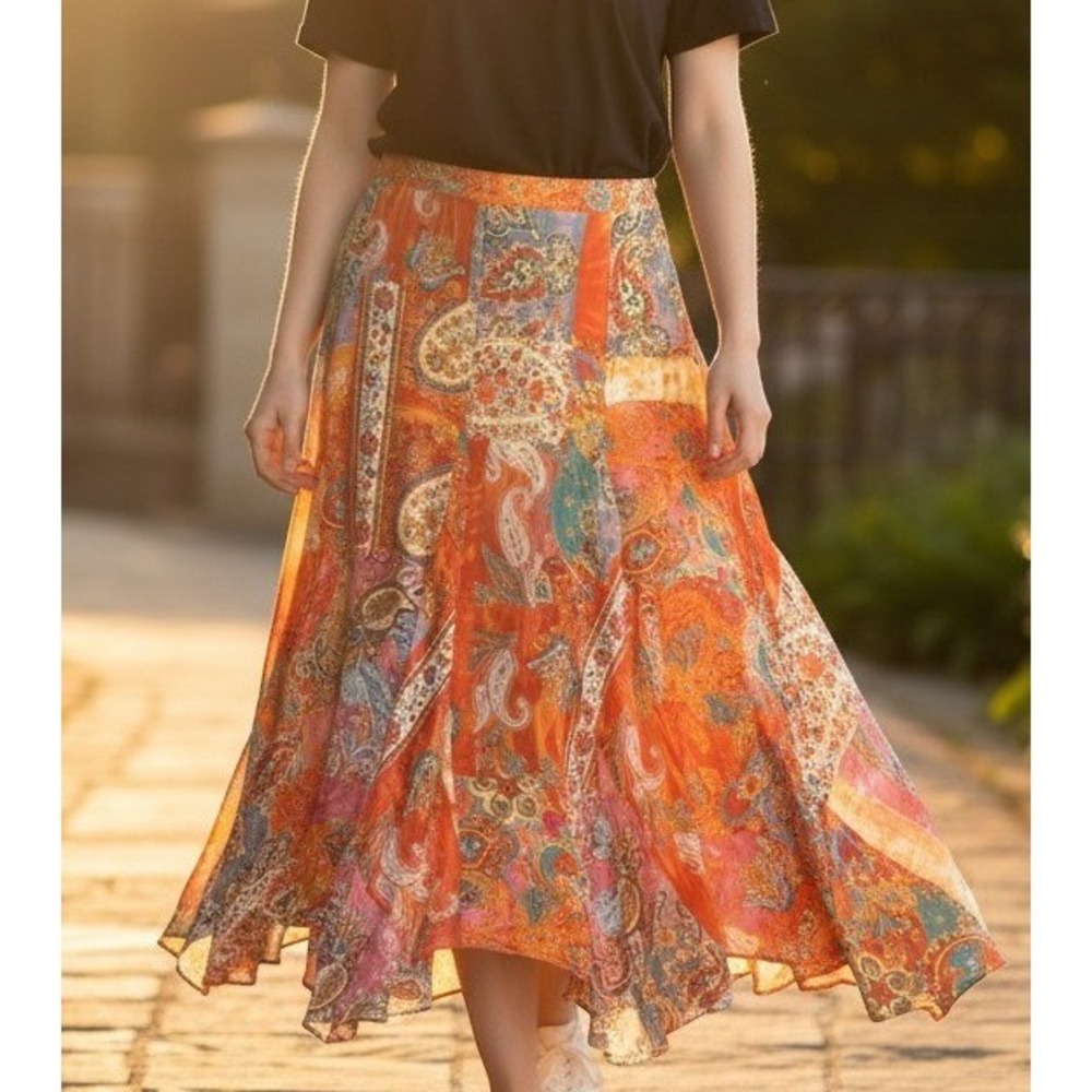 Lauren Ralph Lauren Skirt Size 10 Orange Luxury 100% Silk Paisley Handkerchief